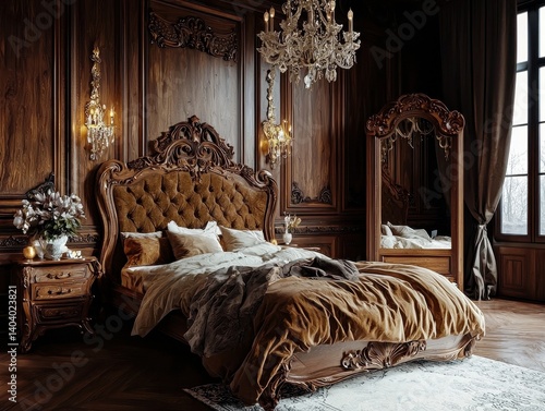 Opulent bedroom featuring a carved wood bed with velvet tufted headboard and intricate detailing, complemented by rich wood paneling.