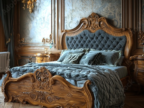 Ornate wooden bed with a tufted headboard, offering a luxurious and cozy atmosphere. The room's aesthetic blends vintage charm and comfort.