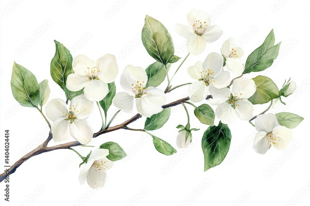 Fototapeta premium Watercolor branch white flowers green leaves