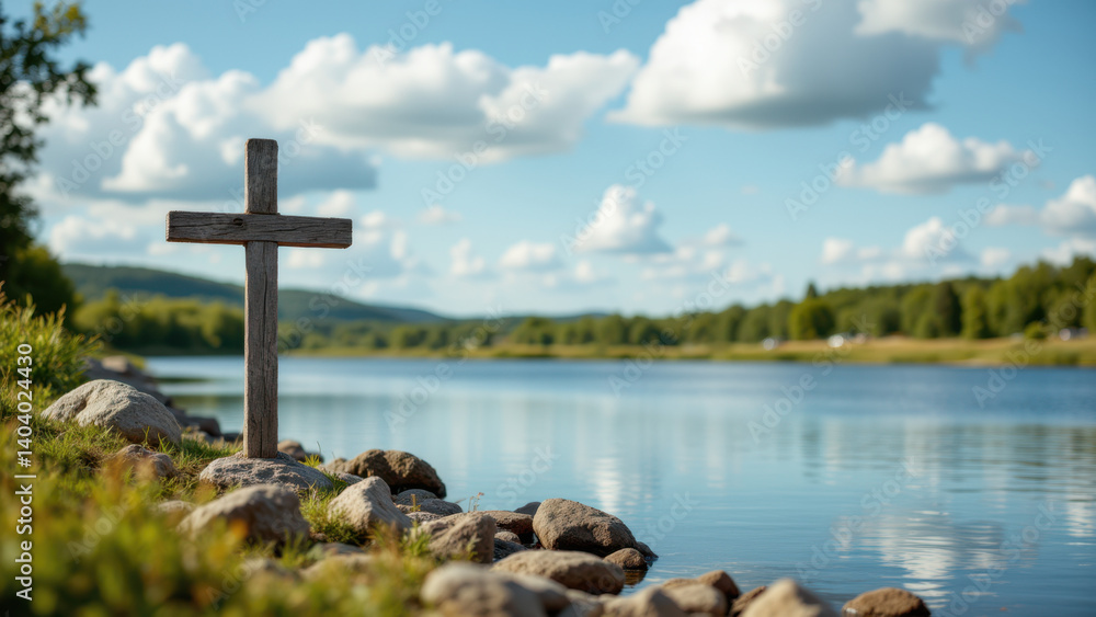 A rustic wooden cross on a tranquil river bank with mountains in the distance under a clear sky. A rustic wooden cross on a tranquil river bank with mountains in the distance under a clear sky.