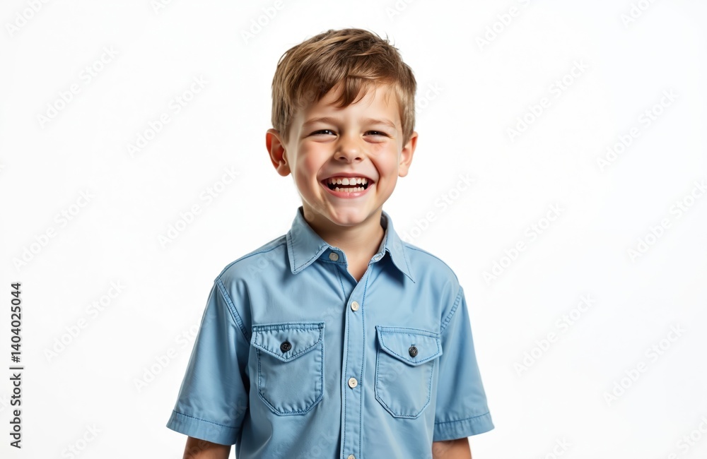 Joyful school-age boy in blue shirt isolated on white. Kid laughs, showing changing front teeth. Happy child expresses positive emotions. Portrait of smiling elementary student. Joyful school-age boy in blue shirt isolated on white. Kid laughs, showing changing front teeth. Happy child expresses positive emotions. Portrait of smiling elementary student.