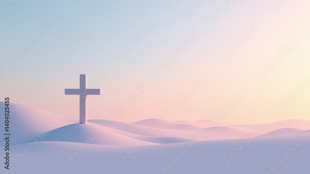 A sunrise silhouette of a cross on a desert hill with a pink sky. A sunrise silhouette of a cross on a desert hill with a pink sky.