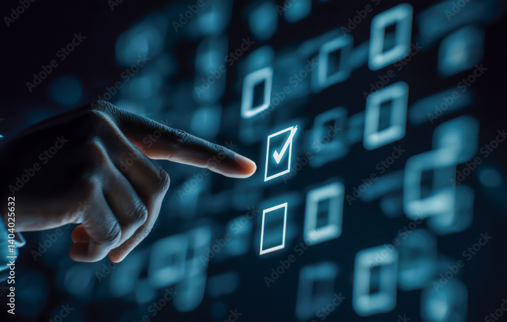 Businessman's hand touching a digital checkmark in a virtual screen.
