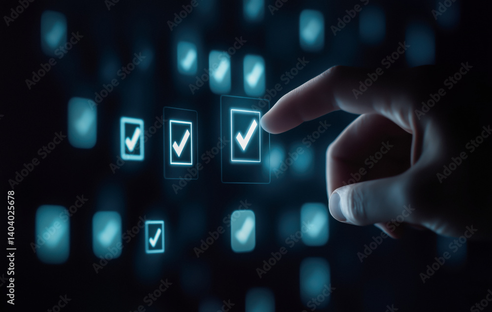 Businessman's hand touching a digital checkmark in a virtual screen.