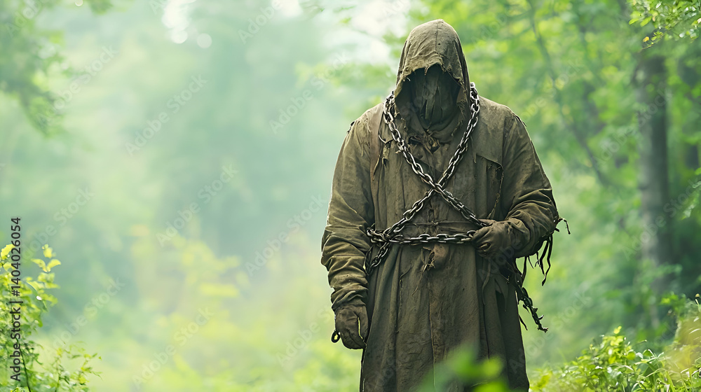 Mysterious Hooded Figure in a Muddy Robe with Chains Walking through a Dark Forest Mysterious Hooded Figure in a Muddy Robe with Chains Walking through a Dark Forest