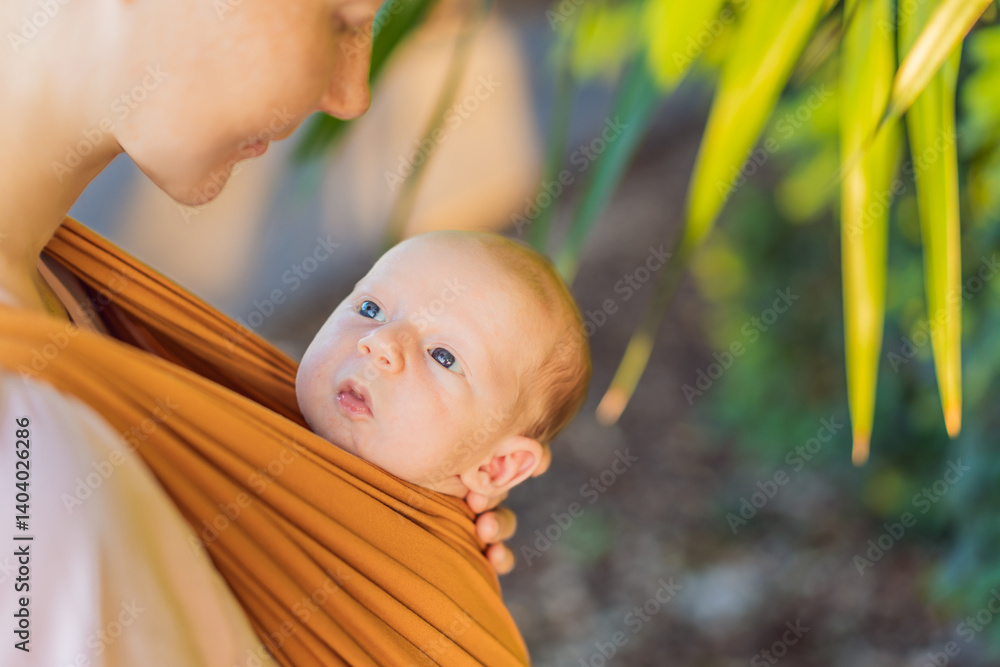 A loving mother walks through a peaceful park, carrying her baby securely in a sling. A heartwarming moment of maternal bonding, babywearing, and the joy of motherhood in nature