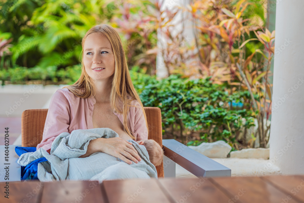 A mother breastfeeds her baby in a cozy cafe, embracing a natural and nurturing moment amidst a casual, public setting. This intimate scene reflects modern parenting, maternal love, and the beauty of