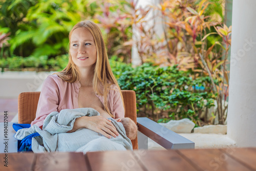 Obraz na płótnie A mother breastfeeds her baby in a cozy cafe, embracing a natural and nurturing moment amidst a casual, public setting. This intimate scene reflects modern parenting, maternal love, and the beauty of w salonie