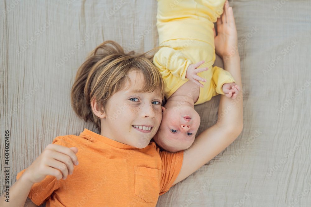 A young boy and his newborn brother lie together on a soft muslin blanket, sharing a tender sibling moment. A heartwarming scene of brotherly love, bonding, and the beginning of a lifelong connection