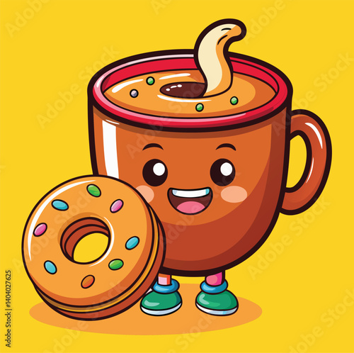 Cartoon Coffee Cup Character With Smiling Face And Donut On Yellow Background