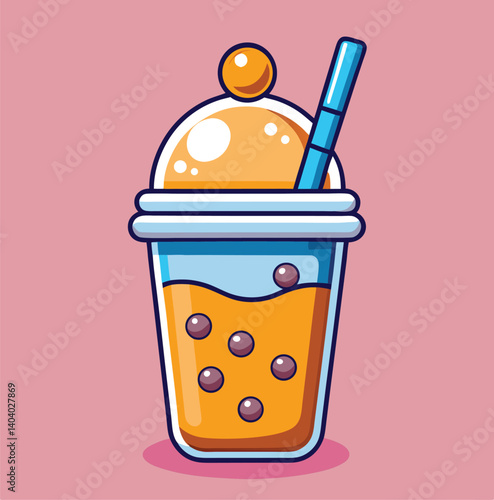 Cute Cartoon Boba Tea Illustration With Straw On Pink Background