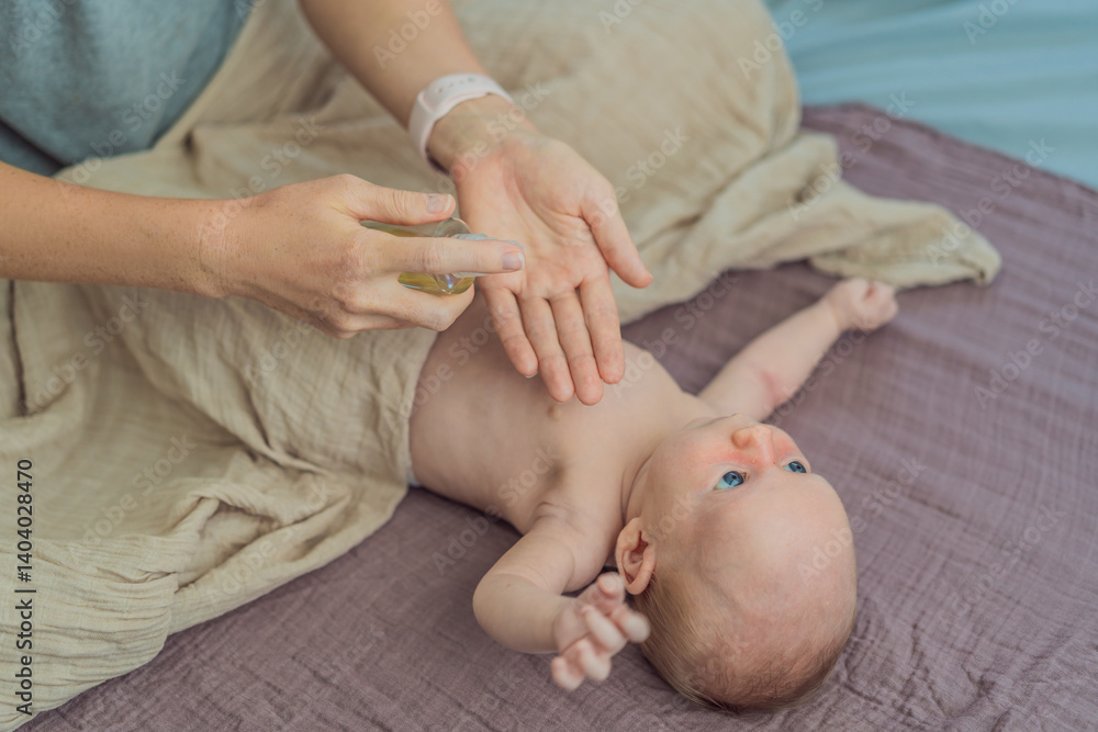 A mother gently massages her 1-month-old baby with baby oil after a bath. This tender moment highlights the bond between parent and child, promoting relaxation, baby care, and the importance of skin