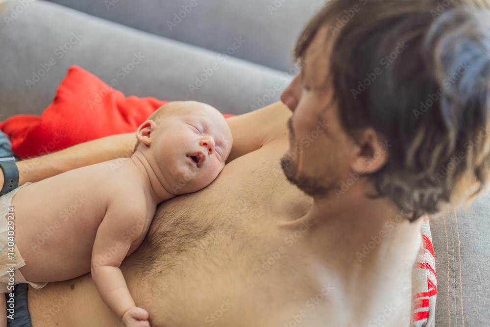 A newborn baby rests peacefully on the father's chest, feeling the warmth and heartbeat of his parent. A tender moment of bonding, love, and security, symbolizing the deep connection between father