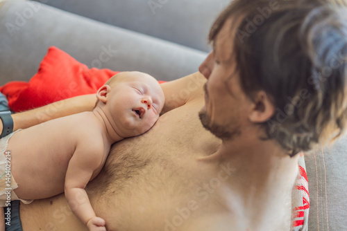 Obraz na płótnie A newborn baby rests peacefully on the father's chest, feeling the warmth and heartbeat of his parent. A tender moment of bonding, love, and security, symbolizing the deep connection between father w salonie