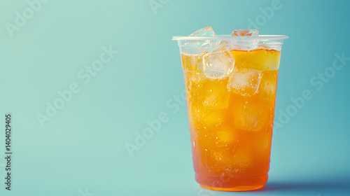 A refreshing iced tea in a clear cup with ice cubes, set against a soft blue background.
