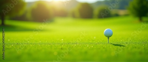 A golf ball in motion on a lush green course on a sunny day, action concept