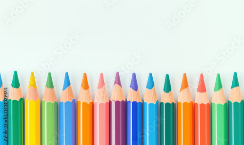 Row of colorful sharpened pencils forming a bottom border on white background