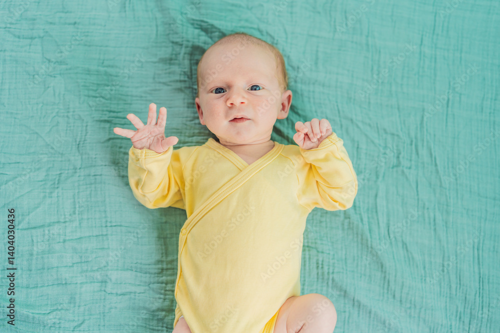 A newborn baby rests peacefully on a soft muslin swaddle, feeling comforted and secure. A tender moment of early childhood, warmth, and tranquility, symbolizing gentle care and a nurturing environment