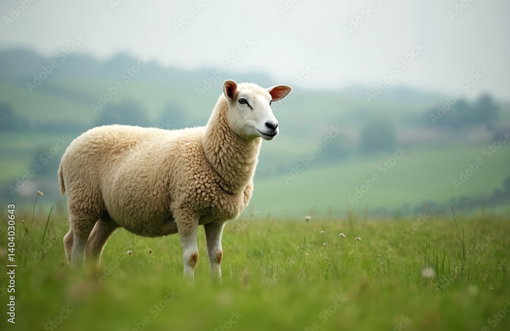 Merino sheep stands field. White woolly animal in green grass pasture in Devon UK England. Farming, livestock, wool industry, farm life, nature, countryside. Agricultural concept. Merino sheep stands field. White woolly animal in green grass pasture in Devon UK England. Farming, livestock, wool industry, farm life, nature, countryside. Agricultural concept.