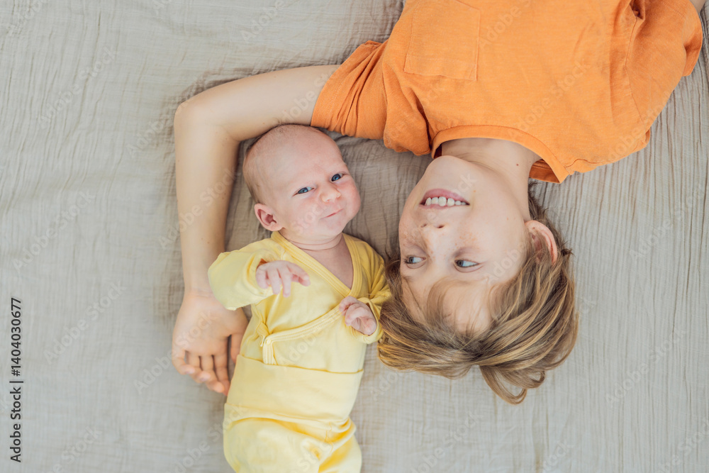 A young boy and his newborn brother lie together on a soft muslin blanket, sharing a tender sibling moment. A heartwarming scene of brotherly love, bonding, and the beginning of a lifelong connection