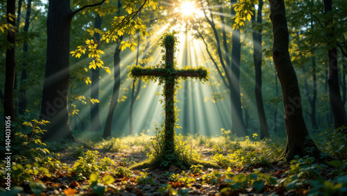 Cross standing on a forest floor with sunlight shining through trees.