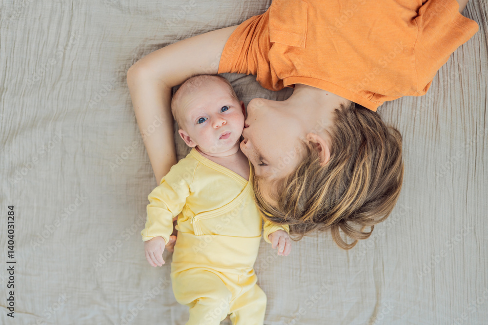 A young boy and his newborn brother lie together on a soft muslin blanket, sharing a tender sibling moment. A heartwarming scene of brotherly love, bonding, and the beginning of a lifelong connection