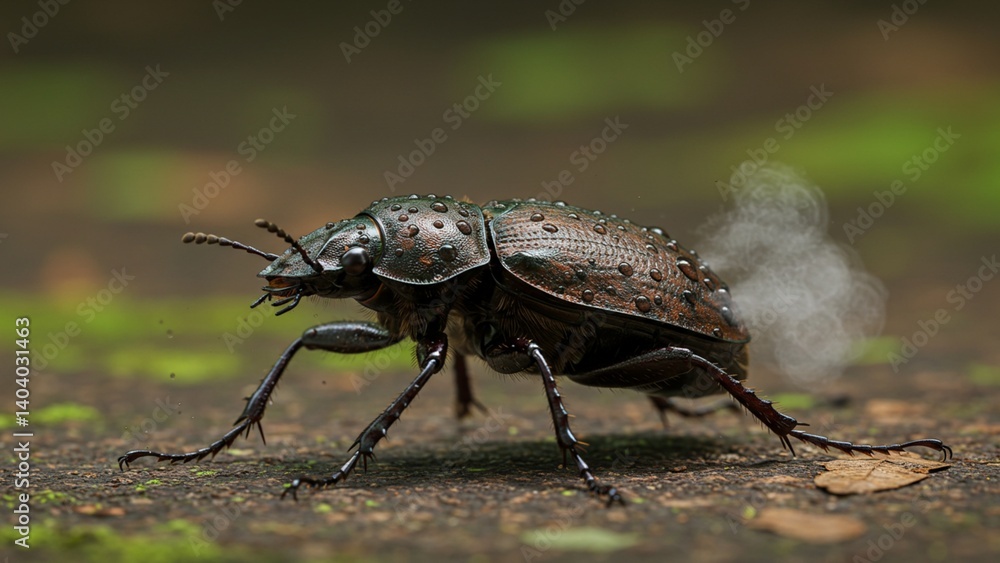 Bombardier Beetle in Defensive Posture on Natural Background Bombardier Beetle in Defensive Posture on Natural Background