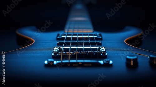 Close-up of a dark blue electric guitar neck.  Focused on the fretboard and strings
