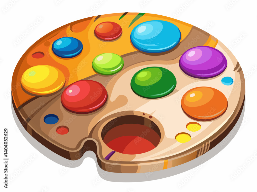 A high-quality vector illustration of a traditional wooden artist’s palette with dabs of colorful paint, isolated on a white background, detailed and realistic A high-quality vector illustration of a traditional wooden artist’s palette with dabs of colorful paint, isolated on a white background, detailed and realistic
