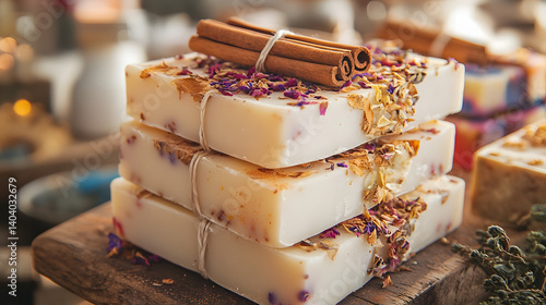 Aesthetic stack of natural soaps adorned with dried flowers and cinnamon sticks, evoking warmth and tranquility.