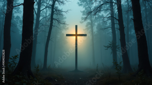 A dark forest path with a cross shining through at dawn, symbolizing hope and faith.