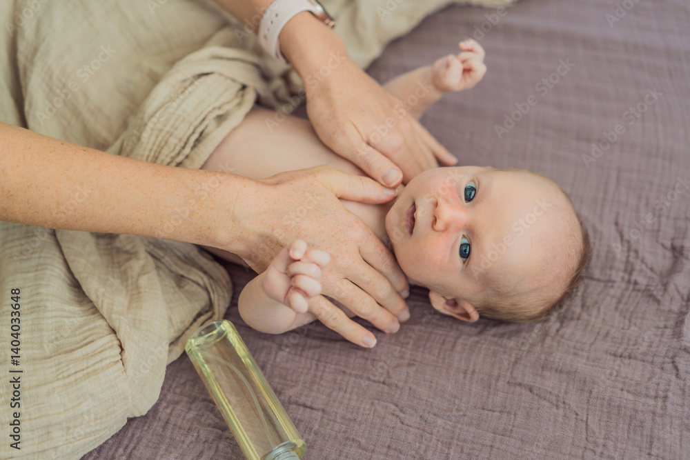 A mother gently massages her 1-month-old baby with baby oil after a bath. This tender moment highlights the bond between parent and child, promoting relaxation, baby care, and the importance of skin