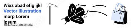 Fly fleeing a swinging scythe blade heading toward a shopping bag. Ideal for ideas of danger, escape, survival, strategy, consumer culture, humor, warning. Compact flat landing page banner
