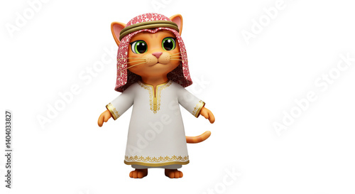 3D arabic cat character in traditional clothing isolated
on white background 
