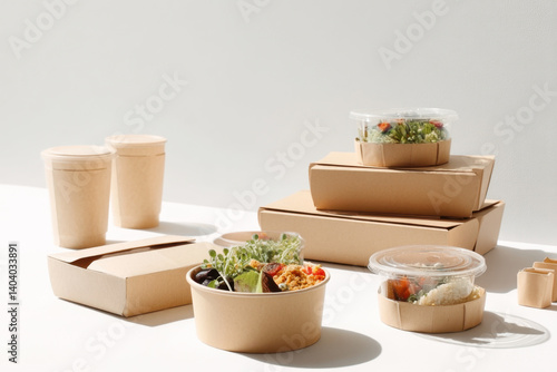 Fototapeta Naklejka Na Ścianę i Meble -  Variety of carton takeaway containers with food and drinks 
