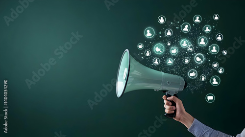 Hand Holding Green Megaphone Announcing People Icons on Dark Green Background