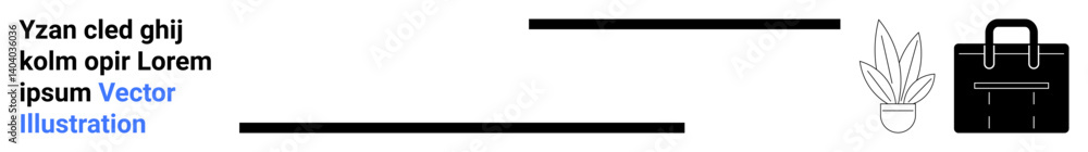 Text content with horizontal black lines, potted house plant, and black business briefcase. Ideal for business, marketing, minimalism, corporate identity, office themes, branding flat landing page Text content with horizontal black lines, potted house plant, and black business briefcase. Ideal for business, marketing, minimalism, corporate identity, office themes, branding flat landing page