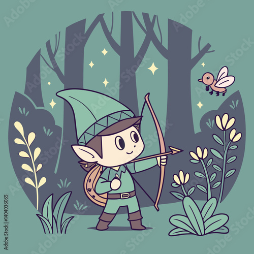 Adorable chibi archer stands poised in a glowing, enchanted forest, surrounded by magical creatures and luminous flora.