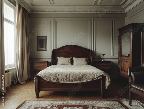 Elegant bedroom with dark wood furniture, neutral walls, and natural light. A serene and inviting space for rest and relaxation.