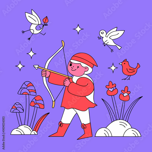 Adorable chibi archer stands poised in a glowing, enchanted forest, surrounded by magical creatures and luminous flora.