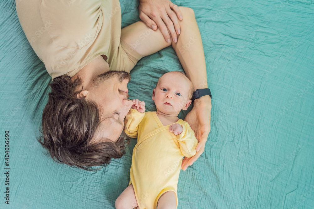 A father and his newborn baby lie on a soft muslin swaddle head to head, sharing a tender moment of closeness and bonding that highlights new beginnings and gentle parenting