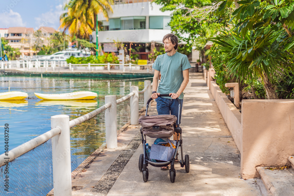 A young father walks along the scenic waterfront, pushing a baby stroller with her child inside. A peaceful and heartwarming moment of motherhood, relaxation, and outdoor bonding by the sea