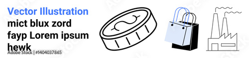 Coin representing currency, shopping bag symbolizing consumerism, and factory denoting production, industry. Ideal for economy, trade, business, commerce, manufacturing consumption flat landing