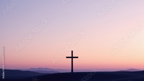 A serene sunset over a landscape with a prominent cross symbolizing Christian faith.
