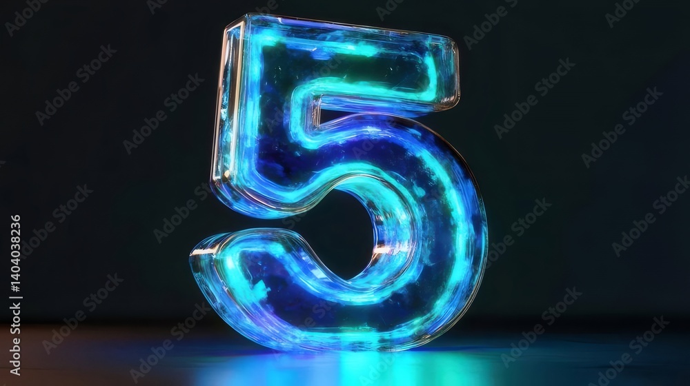 Glowing Blue Neon Number Five Against Dark Background Showcasing Modern Digital Art and Abstract Illumination Glowing Blue Neon Number Five Against Dark Background Showcasing Modern Digital Art and Abstract Illumination