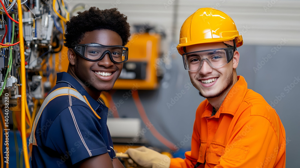 Two Smiling Industrial Workers Wearing Safety Gear and Uniforms in a Workshop Two Smiling Industrial Workers Wearing Safety Gear and Uniforms in a Workshop