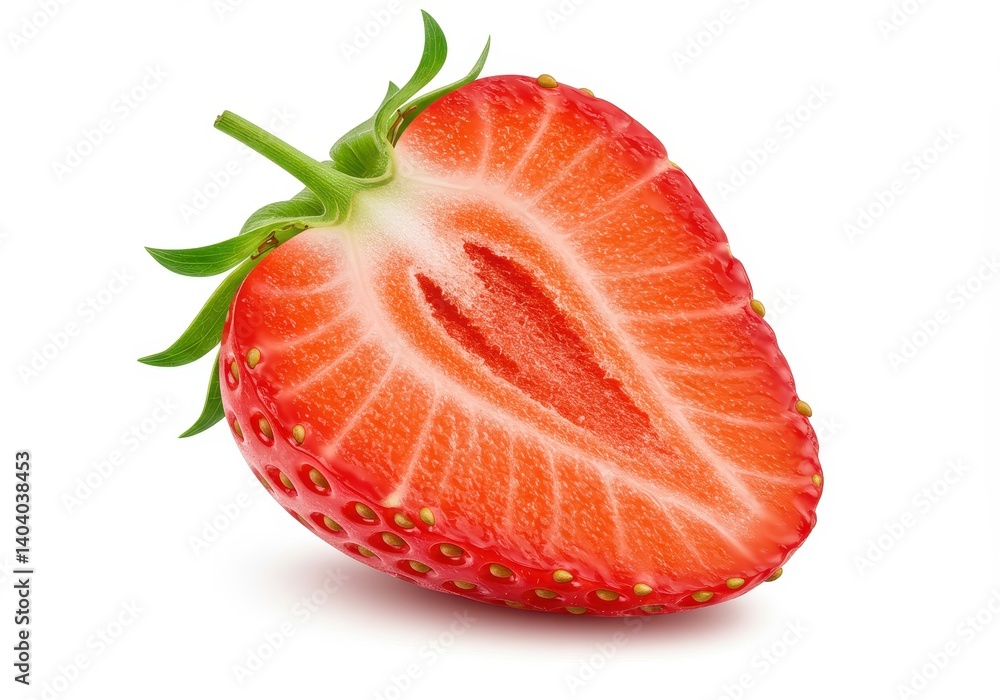 Half of a ripe strawberry with juicy red interior, seeds and green leafy top isolated on white background Half of a ripe strawberry with juicy red interior, seeds and green leafy top isolated on white background