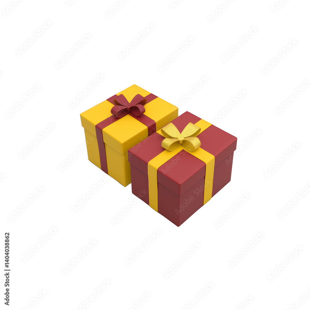 Obraz premium Two beautifully wrapped gift boxes with bows, one in yellow with red ribbon and other in red with yellow ribbon, are placed side by side, evoking festive and joyful atmosphere
