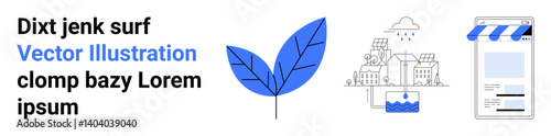 Blue leaf, minimalist cityscape with rain, and mobile storefront. Ideal for environment, urban design, technology, e-commerce, sustainability, innovation simple landing page