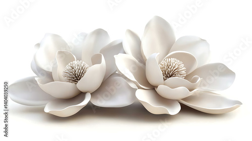 Two elegant magnolia blossoms on white background